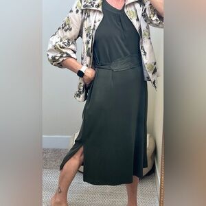 Anne Klein NY SILK + leather belted sleeveless A-line dress Loden Green Lg NWT